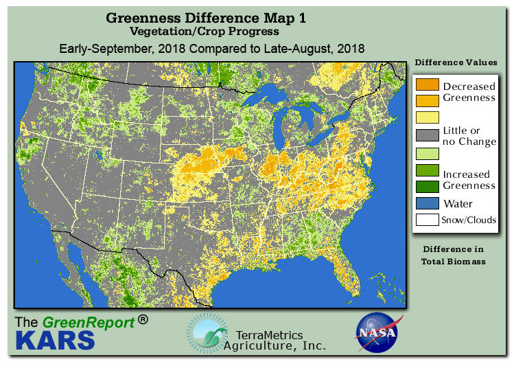 Color-coded U.S. vegetation greeness index map for Period 37 of 2018, illustrating spatial variations in plant vigor, with greener tones indicating higher biomass and browner tones indicating stressed vegetation,
              comparing current crop/vegetation change in biomass to the previous week within the same year.