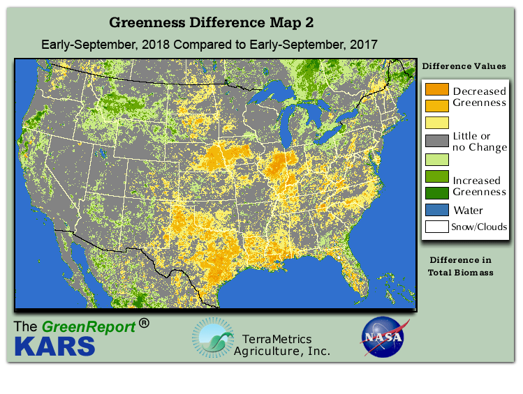 Color-coded U.S. vegetation greeness index map for Period 37 of 2018, illustrating spatial variations in plant vigor, with greener tones indicating higher biomass and browner tones indicating stressed vegetation,
              comparing current crop/vegetation change in biomass to same period from the previous year.