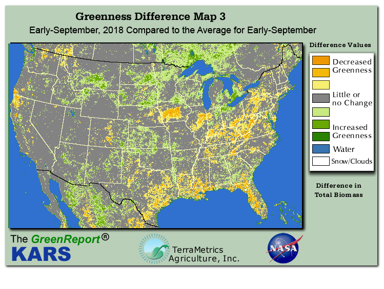 Color-coded U.S. vegetation greeness index map for Period 37 of 2018, illustrating spatial variations in plant vigor, with greener tones indicating higher biomass and browner tones indicating stressed vegetation,
              comparing current crop/vegetation change in biomass to the 20-year greenness average.