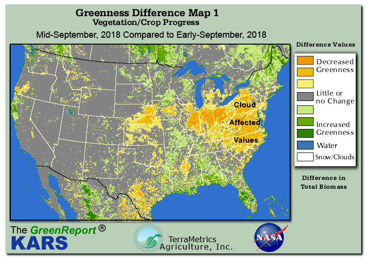Color-coded U.S. vegetation greeness index map for Period 38 of 2018, illustrating spatial variations in plant vigor, with greener tones indicating higher biomass and browner tones indicating stressed vegetation,
              comparing current crop/vegetation change in biomass to the previous week within the same year.