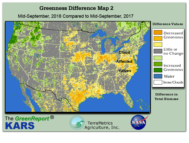Color-coded U.S. vegetation greeness index map for Period 38 of 2018, illustrating spatial variations in plant vigor, with greener tones indicating higher biomass and browner tones indicating stressed vegetation,
              comparing current crop/vegetation change in biomass to same period from the previous year.