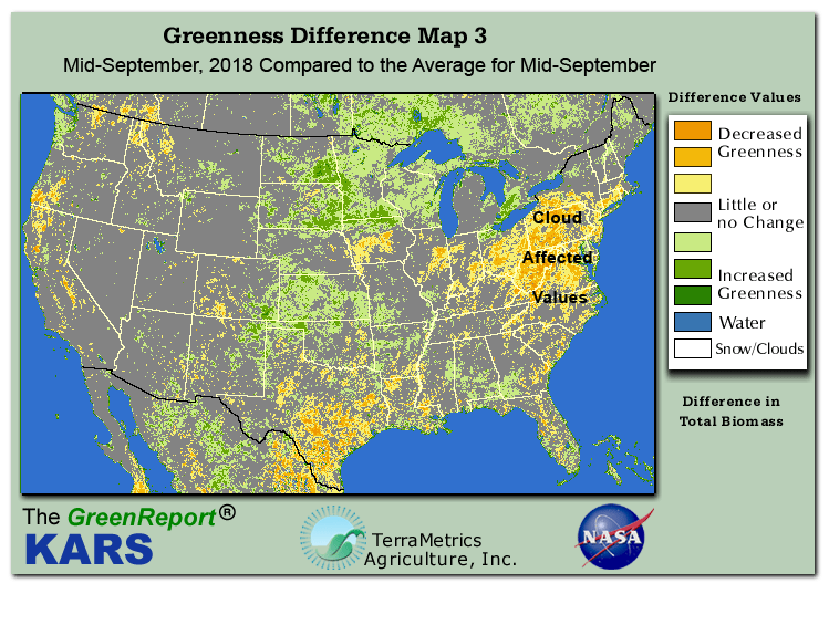 Color-coded U.S. vegetation greeness index map for Period 38 of 2018, illustrating spatial variations in plant vigor, with greener tones indicating higher biomass and browner tones indicating stressed vegetation,
              comparing current crop/vegetation change in biomass to the 20-year greenness average.