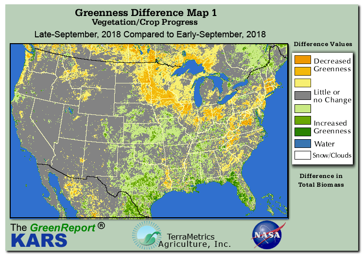 Color-coded U.S. vegetation greeness index map for Period 39 of 2018, illustrating spatial variations in plant vigor, with greener tones indicating higher biomass and browner tones indicating stressed vegetation,
              comparing current crop/vegetation change in biomass to the previous week within the same year.