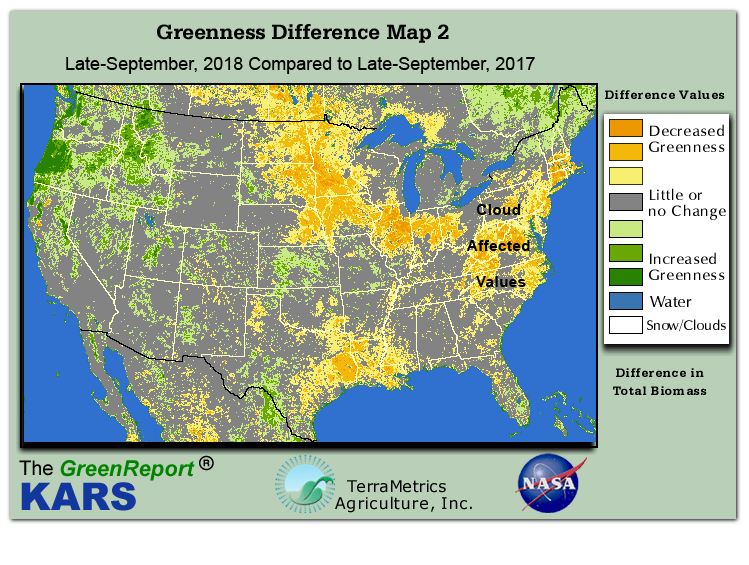 Color-coded U.S. vegetation greeness index map for Period 39 of 2018, illustrating spatial variations in plant vigor, with greener tones indicating higher biomass and browner tones indicating stressed vegetation,
              comparing current crop/vegetation change in biomass to same period from the previous year.