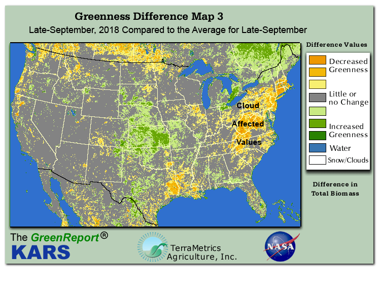 Color-coded U.S. vegetation greeness index map for Period 39 of 2018, illustrating spatial variations in plant vigor, with greener tones indicating higher biomass and browner tones indicating stressed vegetation,
              comparing current crop/vegetation change in biomass to the 20-year greenness average.