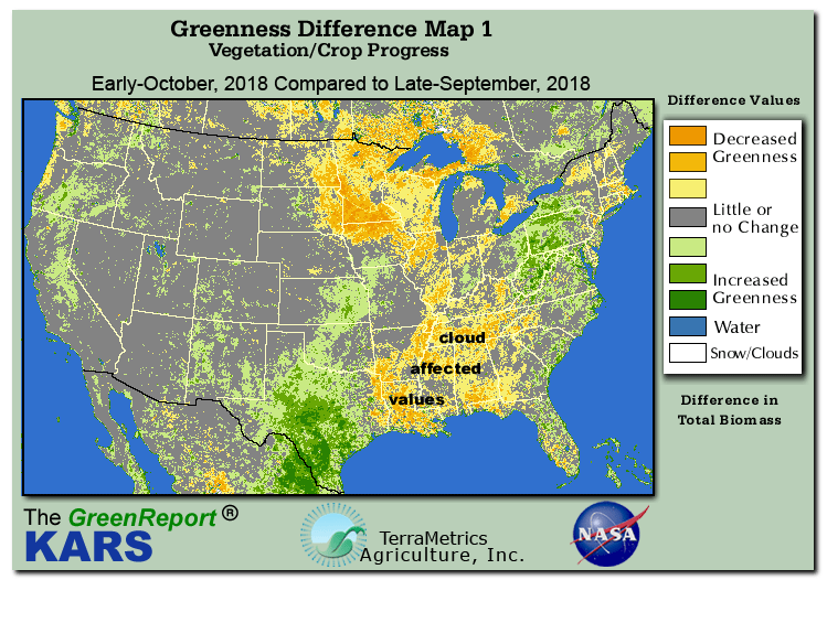 Color-coded U.S. vegetation greeness index map for Period 40 of 2018, illustrating spatial variations in plant vigor, with greener tones indicating higher biomass and browner tones indicating stressed vegetation,
              comparing current crop/vegetation change in biomass to the previous week within the same year.