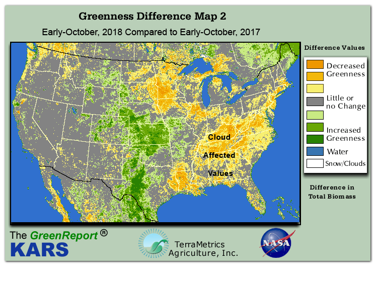 Color-coded U.S. vegetation greeness index map for Period 40 of 2018, illustrating spatial variations in plant vigor, with greener tones indicating higher biomass and browner tones indicating stressed vegetation,
              comparing current crop/vegetation change in biomass to same period from the previous year.
