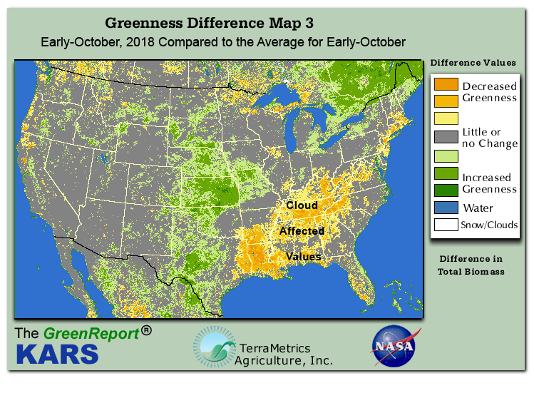 Color-coded U.S. vegetation greeness index map for Period 40 of 2018, illustrating spatial variations in plant vigor, with greener tones indicating higher biomass and browner tones indicating stressed vegetation,
              comparing current crop/vegetation change in biomass to the 20-year greenness average.