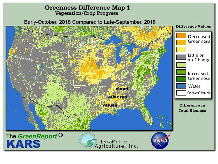 Color-coded U.S. vegetation greeness index map for Period 41 of 2018, illustrating spatial variations in plant vigor, with greener tones indicating higher biomass and browner tones indicating stressed vegetation,
              comparing current crop/vegetation change in biomass to the previous week within the same year.
