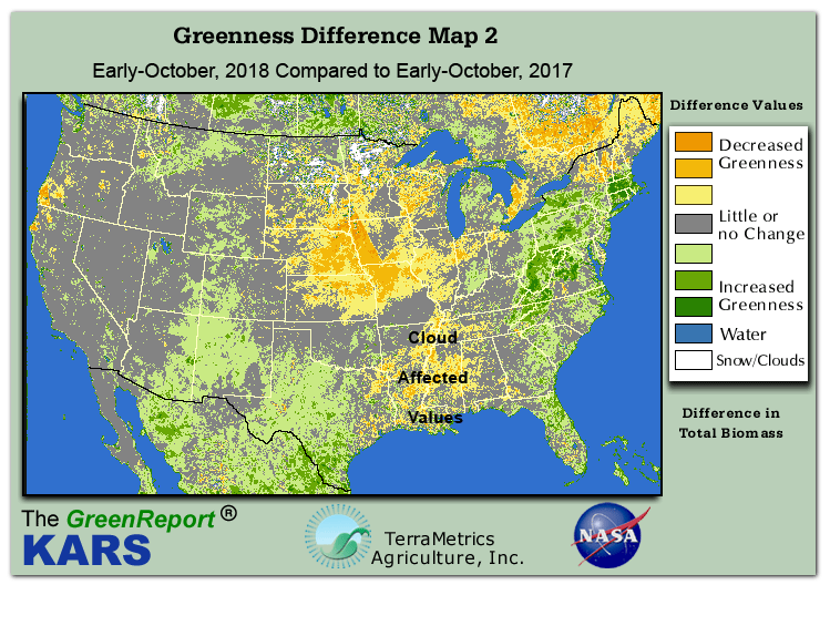 Color-coded U.S. vegetation greeness index map for Period 41 of 2018, illustrating spatial variations in plant vigor, with greener tones indicating higher biomass and browner tones indicating stressed vegetation,
              comparing current crop/vegetation change in biomass to same period from the previous year.