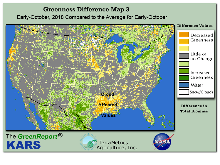 Color-coded U.S. vegetation greeness index map for Period 41 of 2018, illustrating spatial variations in plant vigor, with greener tones indicating higher biomass and browner tones indicating stressed vegetation,
              comparing current crop/vegetation change in biomass to the 20-year greenness average.