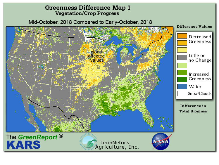 Color-coded U.S. vegetation greeness index map for Period 42 of 2018, illustrating spatial variations in plant vigor, with greener tones indicating higher biomass and browner tones indicating stressed vegetation,
              comparing current crop/vegetation change in biomass to the previous week within the same year.
