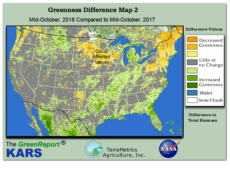 Color-coded U.S. vegetation greeness index map for Period 42 of 2018, illustrating spatial variations in plant vigor, with greener tones indicating higher biomass and browner tones indicating stressed vegetation,
              comparing current crop/vegetation change in biomass to same period from the previous year.