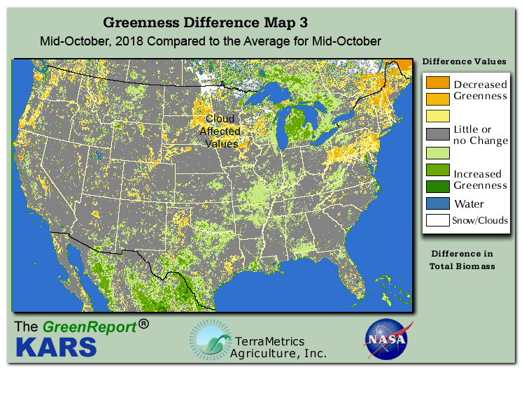 Color-coded U.S. vegetation greeness index map for Period 42 of 2018, illustrating spatial variations in plant vigor, with greener tones indicating higher biomass and browner tones indicating stressed vegetation,
              comparing current crop/vegetation change in biomass to the 20-year greenness average.