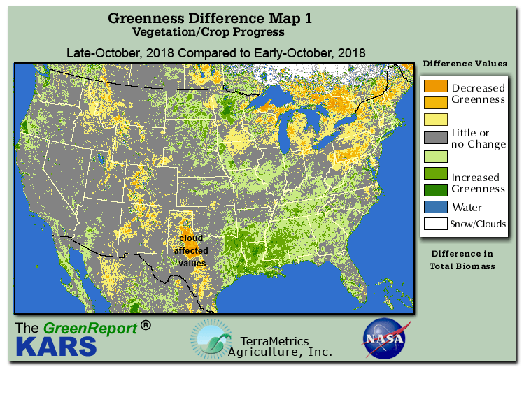 Color-coded U.S. vegetation greeness index map for Period 43 of 2018, illustrating spatial variations in plant vigor, with greener tones indicating higher biomass and browner tones indicating stressed vegetation,
              comparing current crop/vegetation change in biomass to the previous week within the same year.
