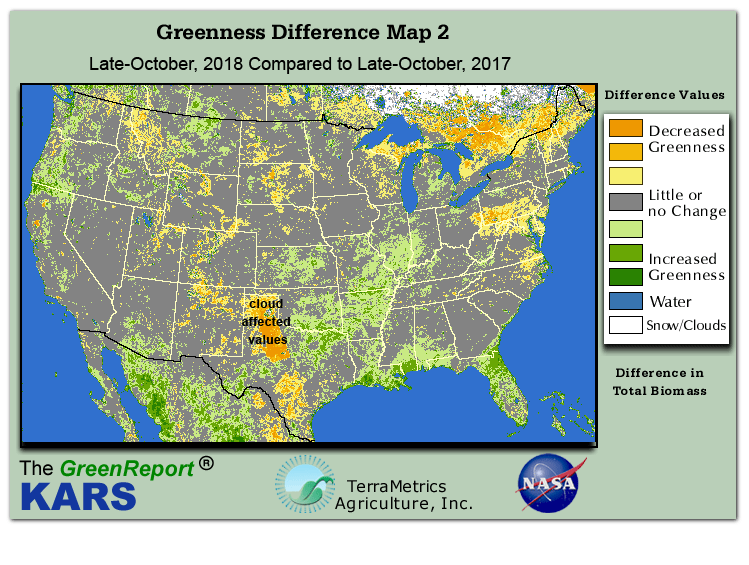Color-coded U.S. vegetation greeness index map for Period 43 of 2018, illustrating spatial variations in plant vigor, with greener tones indicating higher biomass and browner tones indicating stressed vegetation,
              comparing current crop/vegetation change in biomass to same period from the previous year.