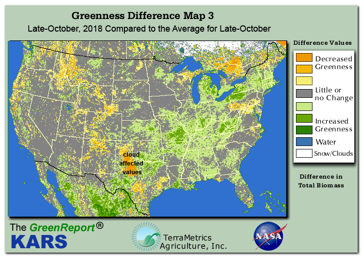 Color-coded U.S. vegetation greeness index map for Period 43 of 2018, illustrating spatial variations in plant vigor, with greener tones indicating higher biomass and browner tones indicating stressed vegetation,
              comparing current crop/vegetation change in biomass to the 20-year greenness average.
