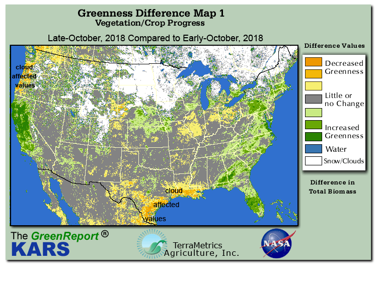 Color-coded U.S. vegetation greeness index map for Period 11 of 2019, illustrating spatial variations in plant vigor, with greener tones indicating higher biomass and browner tones indicating stressed vegetation,
              comparing current crop/vegetation change in biomass to the previous week within the same year.