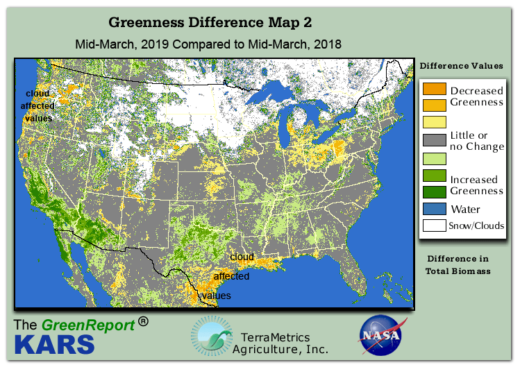 Color-coded U.S. vegetation greeness index map for Period 11 of 2019, illustrating spatial variations in plant vigor, with greener tones indicating higher biomass and browner tones indicating stressed vegetation,
              comparing current crop/vegetation change in biomass to same period from the previous year.