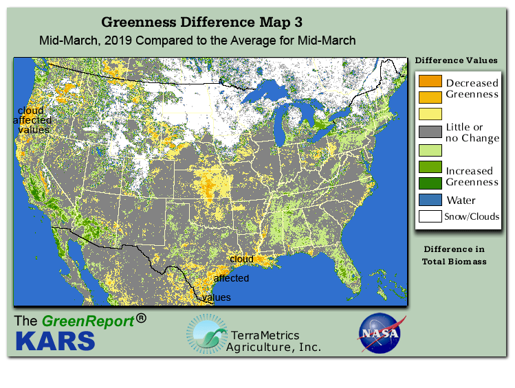 Color-coded U.S. vegetation greeness index map for Period 11 of 2019, illustrating spatial variations in plant vigor, with greener tones indicating higher biomass and browner tones indicating stressed vegetation,
              comparing current crop/vegetation change in biomass to the 20-year greenness average.
