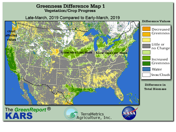 Color-coded U.S. vegetation greeness index map for Period 12 of 2019, illustrating spatial variations in plant vigor, with greener tones indicating higher biomass and browner tones indicating stressed vegetation,
              comparing current crop/vegetation change in biomass to the previous week within the same year.