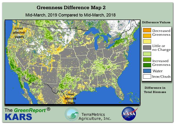 Color-coded U.S. vegetation greeness index map for Period 12 of 2019, illustrating spatial variations in plant vigor, with greener tones indicating higher biomass and browner tones indicating stressed vegetation,
              comparing current crop/vegetation change in biomass to same period from the previous year.