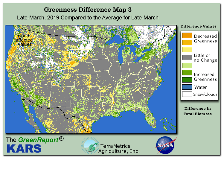 Color-coded U.S. vegetation greeness index map for Period 12 of 2019, illustrating spatial variations in plant vigor, with greener tones indicating higher biomass and browner tones indicating stressed vegetation,
              comparing current crop/vegetation change in biomass to the 20-year greenness average.