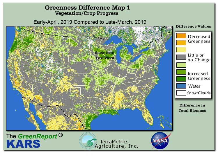 Color-coded U.S. vegetation greeness index map for Period 13 of 2019, illustrating spatial variations in plant vigor, with greener tones indicating higher biomass and browner tones indicating stressed vegetation,
              comparing current crop/vegetation change in biomass to the previous week within the same year.
