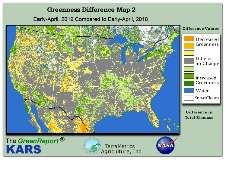 Color-coded U.S. vegetation greeness index map for Period 13 of 2019, illustrating spatial variations in plant vigor, with greener tones indicating higher biomass and browner tones indicating stressed vegetation,
              comparing current crop/vegetation change in biomass to same period from the previous year.