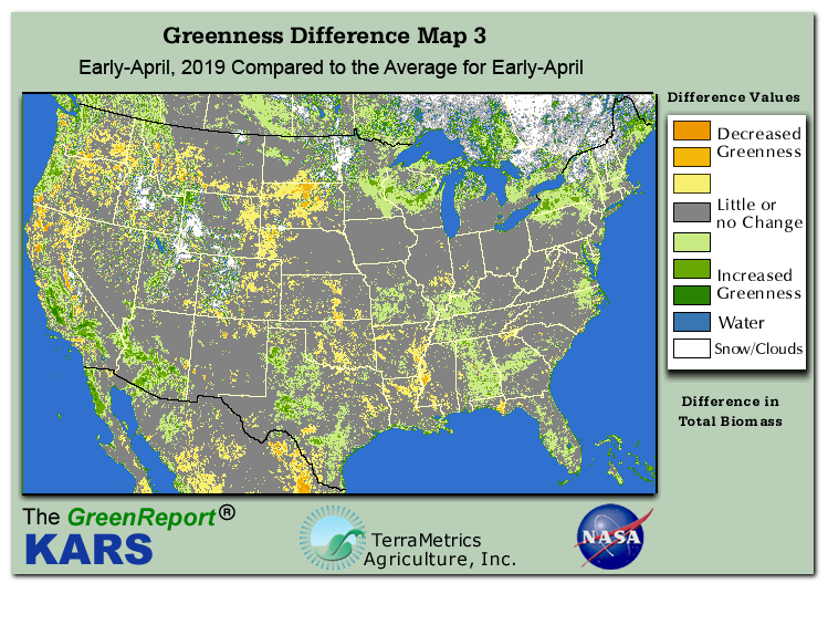 Color-coded U.S. vegetation greeness index map for Period 13 of 2019, illustrating spatial variations in plant vigor, with greener tones indicating higher biomass and browner tones indicating stressed vegetation,
              comparing current crop/vegetation change in biomass to the 20-year greenness average.