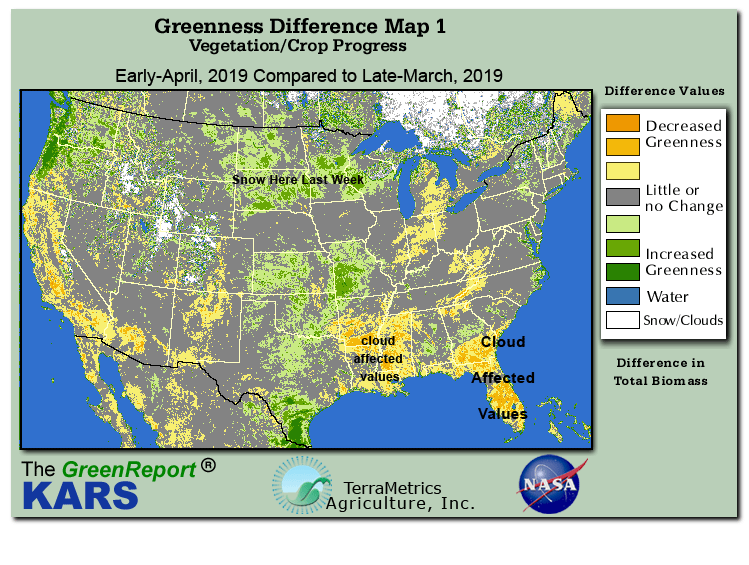 Color-coded U.S. vegetation greeness index map for Period 14 of 2019, illustrating spatial variations in plant vigor, with greener tones indicating higher biomass and browner tones indicating stressed vegetation,
              comparing current crop/vegetation change in biomass to the previous week within the same year.