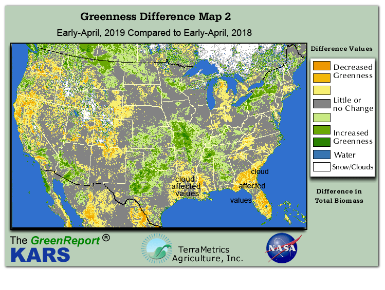 Color-coded U.S. vegetation greeness index map for Period 14 of 2019, illustrating spatial variations in plant vigor, with greener tones indicating higher biomass and browner tones indicating stressed vegetation,
              comparing current crop/vegetation change in biomass to same period from the previous year.