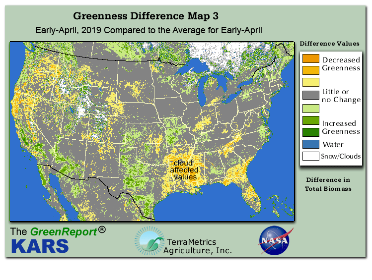 Color-coded U.S. vegetation greeness index map for Period 14 of 2019, illustrating spatial variations in plant vigor, with greener tones indicating higher biomass and browner tones indicating stressed vegetation,
              comparing current crop/vegetation change in biomass to the 20-year greenness average.