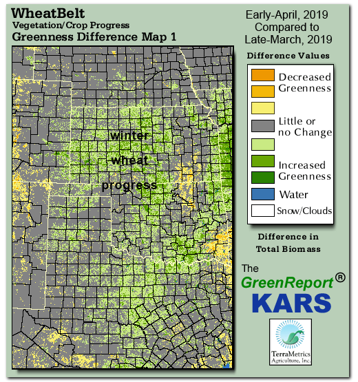 Color-coded Wheat Belt vegetation greeness index map for Period 14 of 2019, illustrating spatial variations in plant vigor, with greener tones indicating higher biomass and browner tones indicating stressed vegetation,
              comparing current crop/vegetation change in biomass to the previous week within the same year.