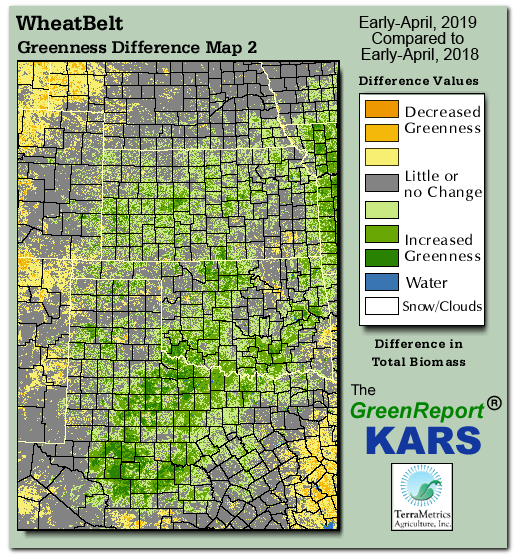Color-coded Wheat Belt vegetation greeness index map for Period 14 of 2019, illustrating spatial variations in plant vigor, with greener tones indicating higher biomass and browner tones indicating stressed vegetation,
              comparing current crop/vegetation change in biomass to same period from the previous year.