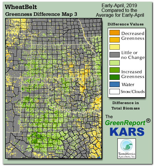 Color-coded Wheat Belt vegetation greeness index map for Period 14 of 2019, illustrating spatial variations in plant vigor, with greener tones indicating higher biomass and browner tones indicating stressed vegetation,
              comparing current crop/vegetation change in biomass to the 20-year greenness average.