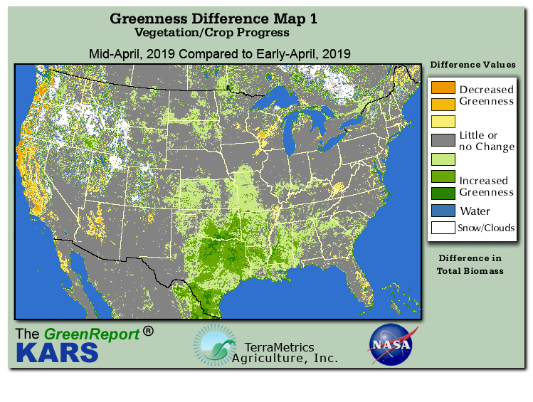 Color-coded U.S. vegetation greeness index map for Period 15 of 2019, illustrating spatial variations in plant vigor, with greener tones indicating higher biomass and browner tones indicating stressed vegetation,
              comparing current crop/vegetation change in biomass to the previous week within the same year.