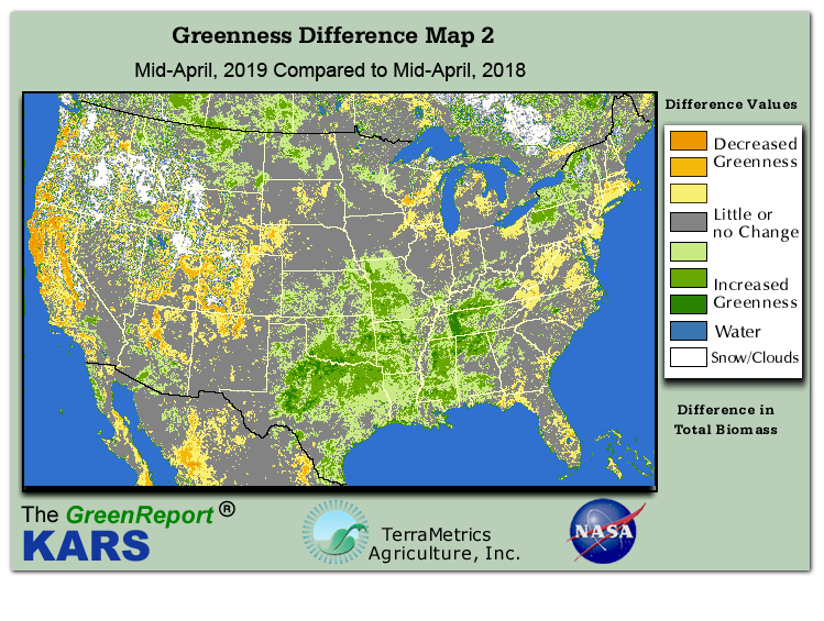 Color-coded U.S. vegetation greeness index map for Period 15 of 2019, illustrating spatial variations in plant vigor, with greener tones indicating higher biomass and browner tones indicating stressed vegetation,
              comparing current crop/vegetation change in biomass to same period from the previous year.