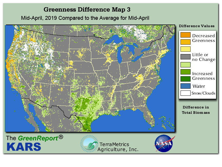 Color-coded U.S. vegetation greeness index map for Period 15 of 2019, illustrating spatial variations in plant vigor, with greener tones indicating higher biomass and browner tones indicating stressed vegetation,
              comparing current crop/vegetation change in biomass to the 20-year greenness average.