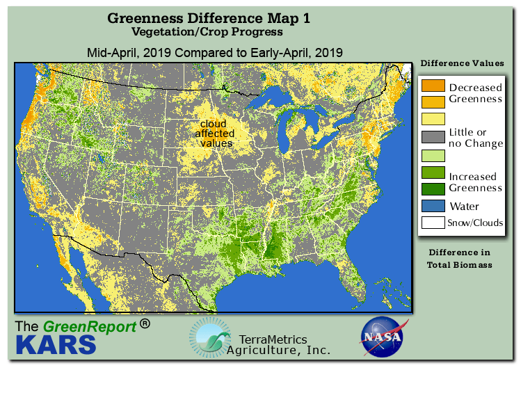 Color-coded U.S. vegetation greeness index map for Period 16 of 2019, illustrating spatial variations in plant vigor, with greener tones indicating higher biomass and browner tones indicating stressed vegetation,
              comparing current crop/vegetation change in biomass to the previous week within the same year.