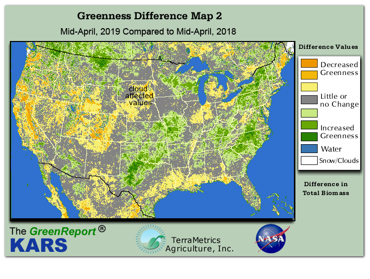 Color-coded U.S. vegetation greeness index map for Period 16 of 2019, illustrating spatial variations in plant vigor, with greener tones indicating higher biomass and browner tones indicating stressed vegetation,
              comparing current crop/vegetation change in biomass to same period from the previous year.