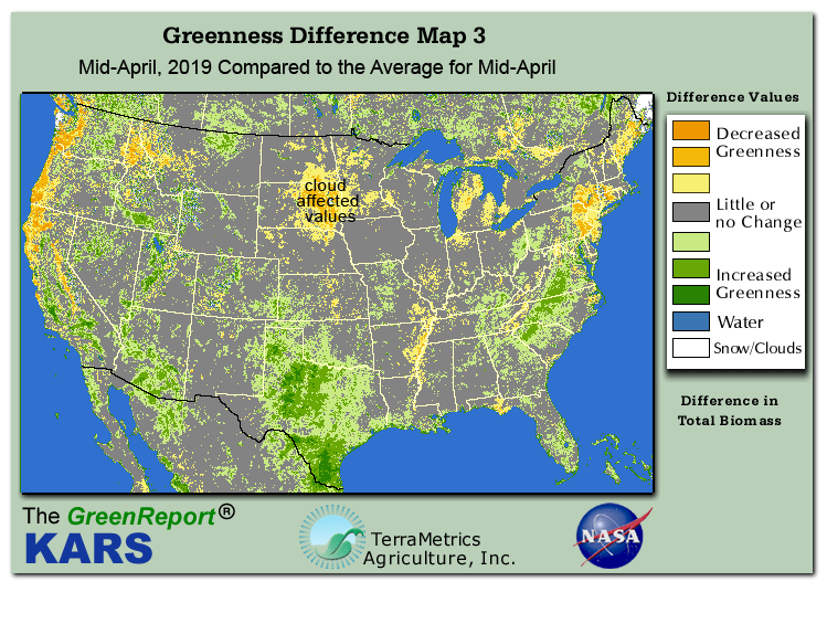 Color-coded U.S. vegetation greeness index map for Period 16 of 2019, illustrating spatial variations in plant vigor, with greener tones indicating higher biomass and browner tones indicating stressed vegetation,
              comparing current crop/vegetation change in biomass to the 20-year greenness average.