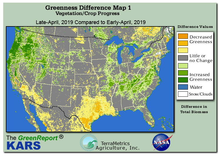 Color-coded U.S. vegetation greeness index map for Period 17 of 2019, illustrating spatial variations in plant vigor, with greener tones indicating higher biomass and browner tones indicating stressed vegetation,
              comparing current crop/vegetation change in biomass to the previous week within the same year.