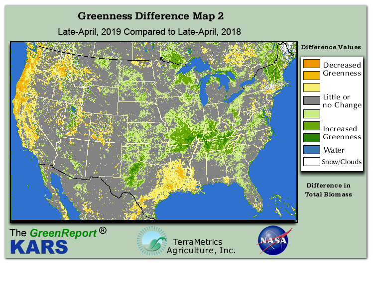 Color-coded U.S. vegetation greeness index map for Period 17 of 2019, illustrating spatial variations in plant vigor, with greener tones indicating higher biomass and browner tones indicating stressed vegetation,
              comparing current crop/vegetation change in biomass to same period from the previous year.