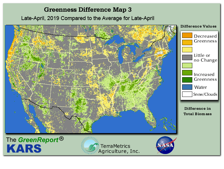Color-coded U.S. vegetation greeness index map for Period 17 of 2019, illustrating spatial variations in plant vigor, with greener tones indicating higher biomass and browner tones indicating stressed vegetation,
              comparing current crop/vegetation change in biomass to the 20-year greenness average.