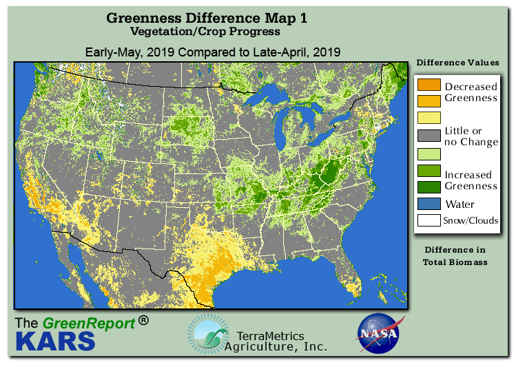 Color-coded U.S. vegetation greeness index map for Period 18 of 2019, illustrating spatial variations in plant vigor, with greener tones indicating higher biomass and browner tones indicating stressed vegetation,
              comparing current crop/vegetation change in biomass to the previous week within the same year.