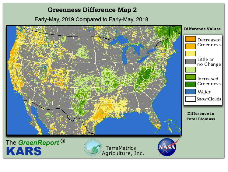 Color-coded U.S. vegetation greeness index map for Period 18 of 2019, illustrating spatial variations in plant vigor, with greener tones indicating higher biomass and browner tones indicating stressed vegetation,
              comparing current crop/vegetation change in biomass to same period from the previous year.