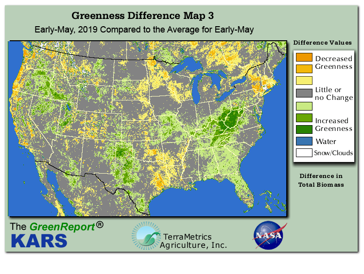 Color-coded U.S. vegetation greeness index map for Period 18 of 2019, illustrating spatial variations in plant vigor, with greener tones indicating higher biomass and browner tones indicating stressed vegetation,
              comparing current crop/vegetation change in biomass to the 20-year greenness average.