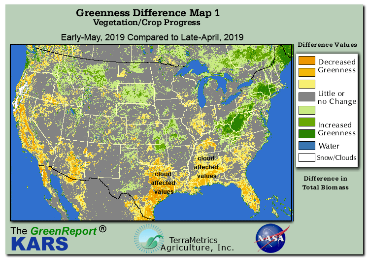 Color-coded U.S. vegetation greeness index map for Period 19 of 2019, illustrating spatial variations in plant vigor, with greener tones indicating higher biomass and browner tones indicating stressed vegetation,
              comparing current crop/vegetation change in biomass to the previous week within the same year.