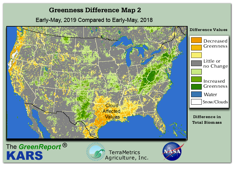 Color-coded U.S. vegetation greeness index map for Period 19 of 2019, illustrating spatial variations in plant vigor, with greener tones indicating higher biomass and browner tones indicating stressed vegetation,
              comparing current crop/vegetation change in biomass to same period from the previous year.